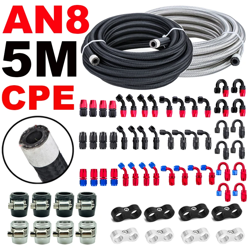 

5M/16.4FT AN8 8AN Fuel Hose Oil Gas Line Cooler Pipe Tube Nylon Stainless Steel Braided CPE Rubber End Fittings Clamps Separator