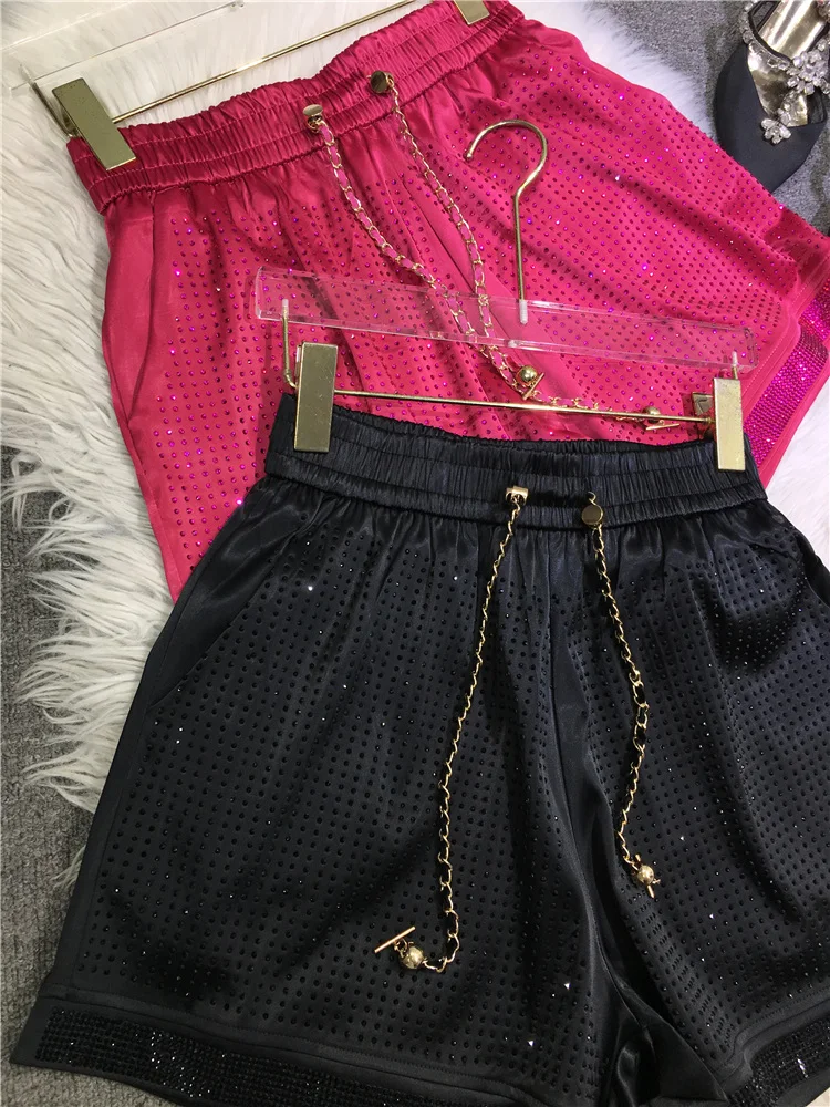 Summer Lightweight Diamond Silky Satin Hot Pants European Goods Hot Drilling Shorts Women Straight Pants High Waisted Shorts