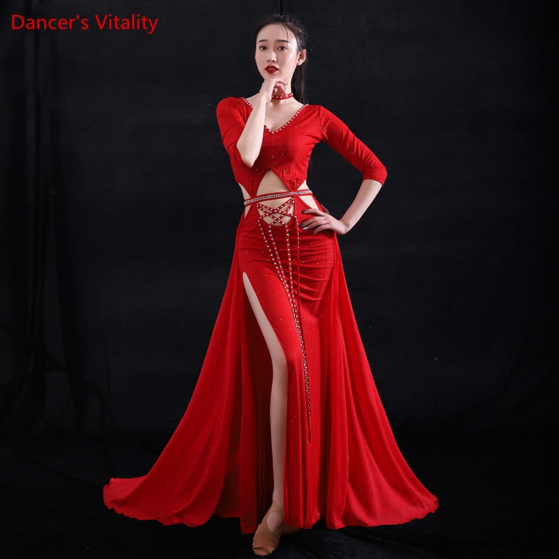 여성을위한 밸리 댄스 공연 드레스 Bellydancing 경쟁 의류 세트 여성 오리엔탈 댄스 연습 의류 드레스 M,L