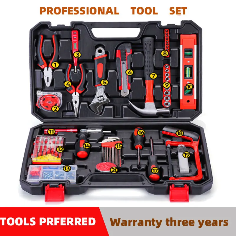 

Professional Woodworking Complete Toolbox Hand Tools Set Electrician Tool Box Kit Home Metal Car Repairs Combination Toolkit