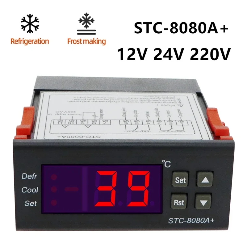 

Цифровой регулятор температуры STC-8080A +, 12 В, 24 В, 220 В, регулятор, датчик холодильной камеры, гигрометр 40%, цифровой термометр