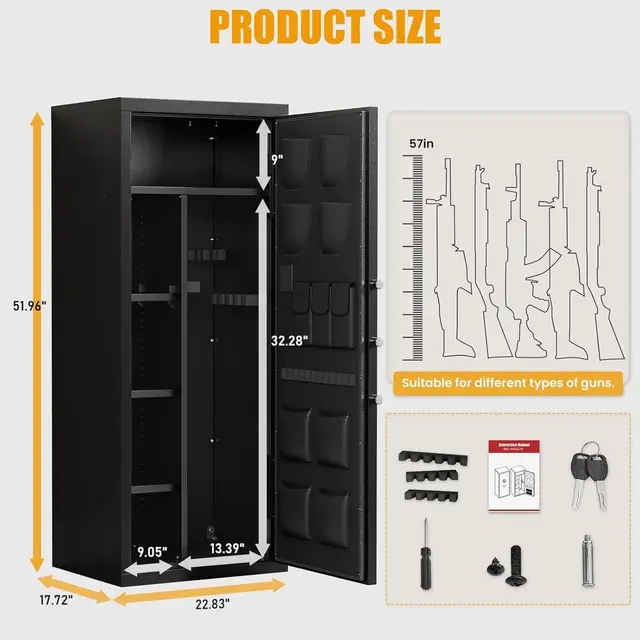 Large Digital Gun Safe for Rifles and Pistols with Silent Alarm, Adjustable Shelf, Gun Rack, and LED Light - Home and Shotgun St 4