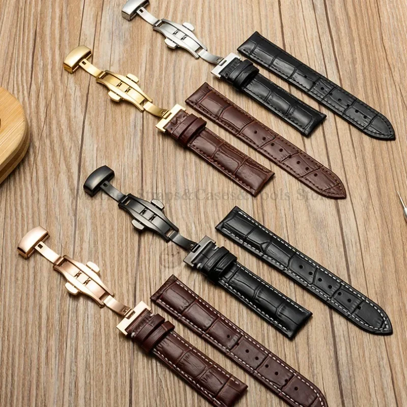 Genuine Leather Watchband with Butterfly Clasp – Universal Strap Bracelet