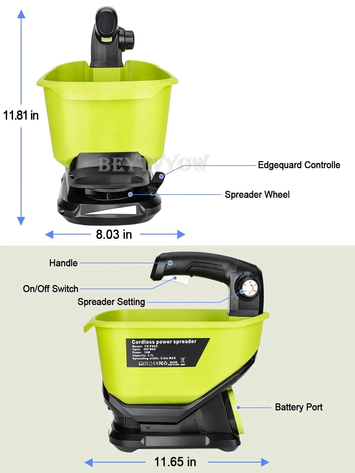 3.7L Large Capacity Cordless Salt Spreader for Ryobi 18V Battery Seed Spreader H