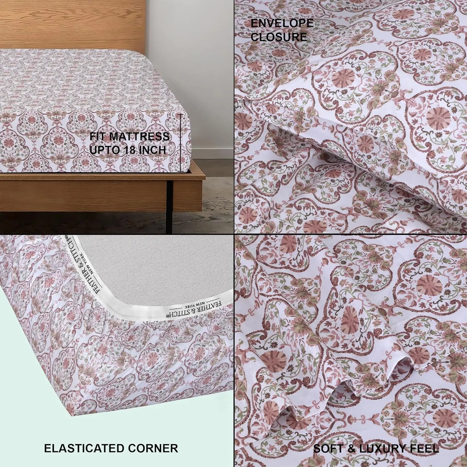 Feather Stitch 500TC Damask Cotton 4Pc Bed Sheet Set 3