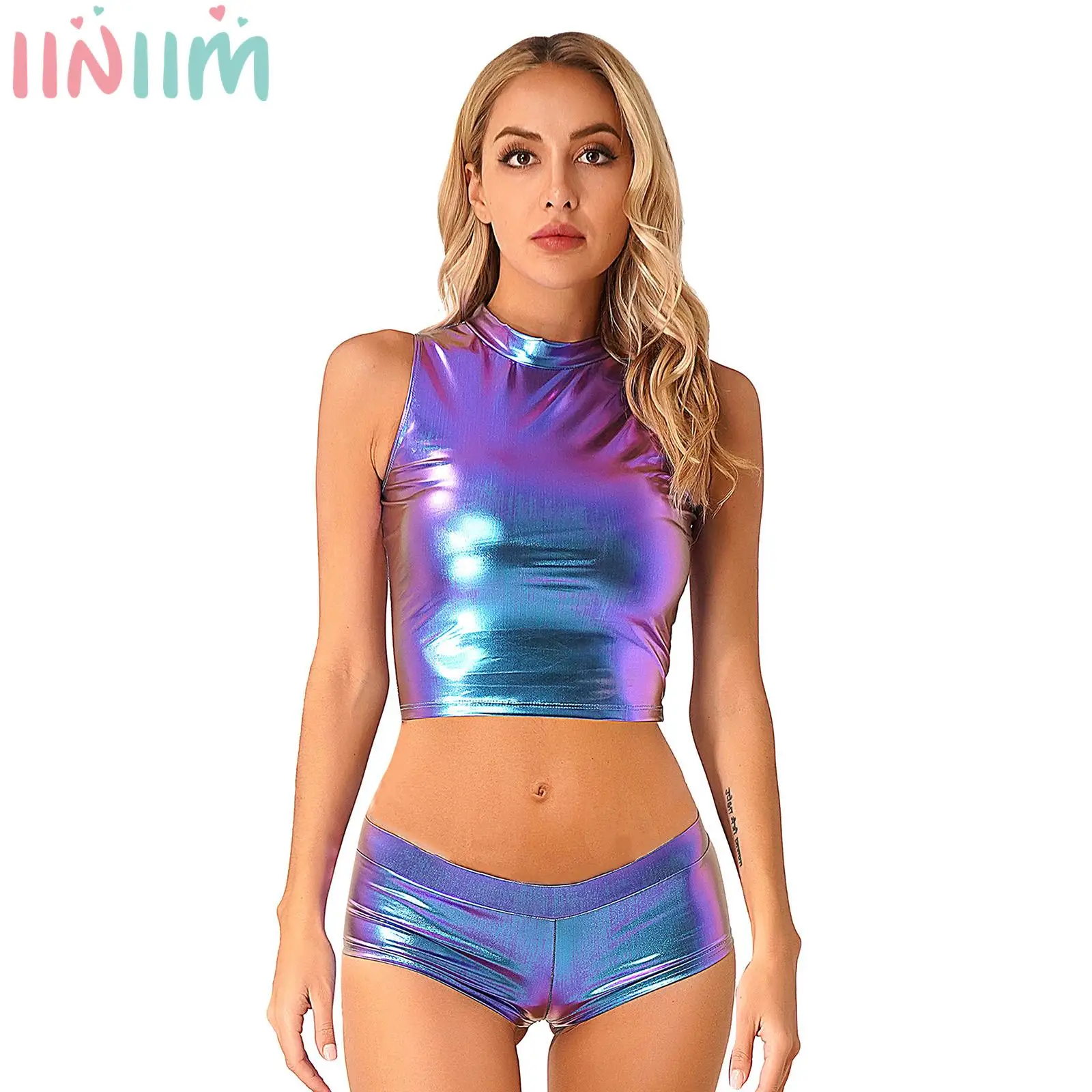 

Womens Metallic Shiny Dance Outfits Sleeveless Mock Neck Crop Top with Low Waist Hot Shorts for Rave Festival Party Club Costume