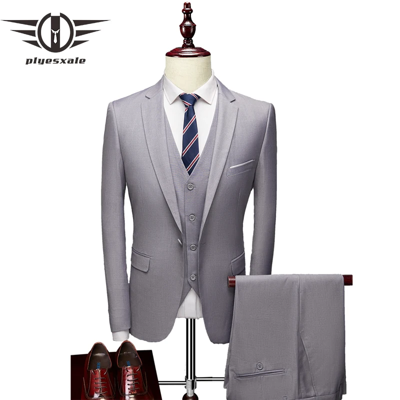 

Brand Fashion Men's Slim Fit Business Suit 3 Pieces Wedding Suits For Men Casual Formal Dress Suit Light Gray Burgundy Q1256