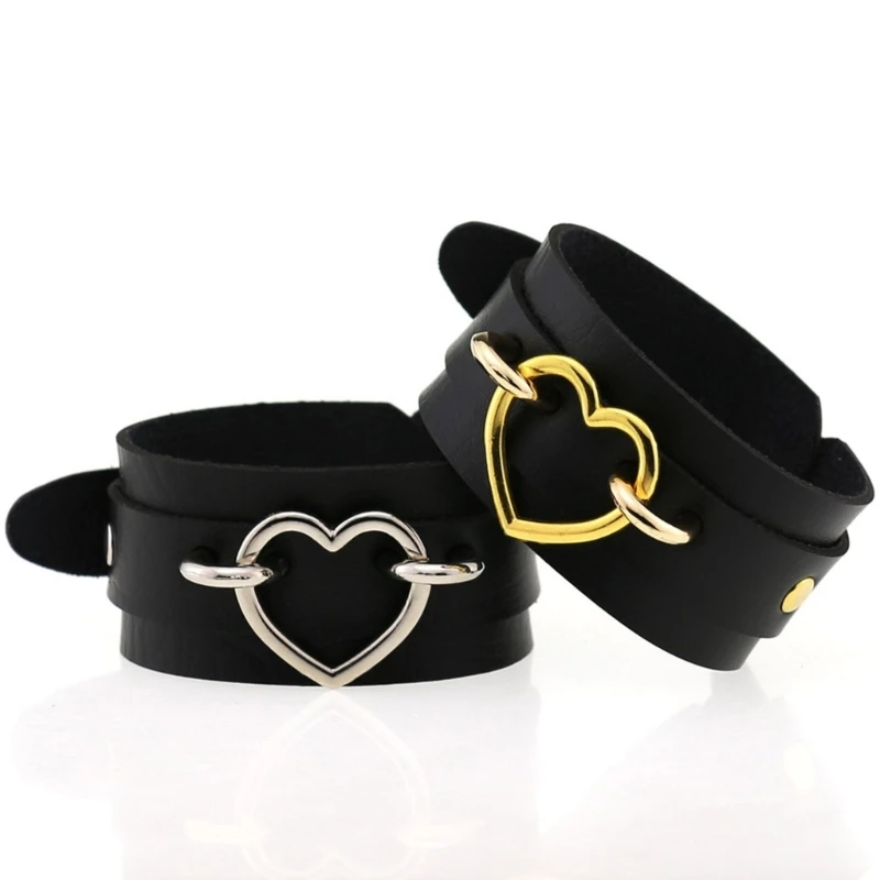 Gothic Alloy Heart Buckle Bracelet Women Men Vintage PU Leather Bangle Wrist Cuffs Adjustable Size Wristband for Club Stage Show