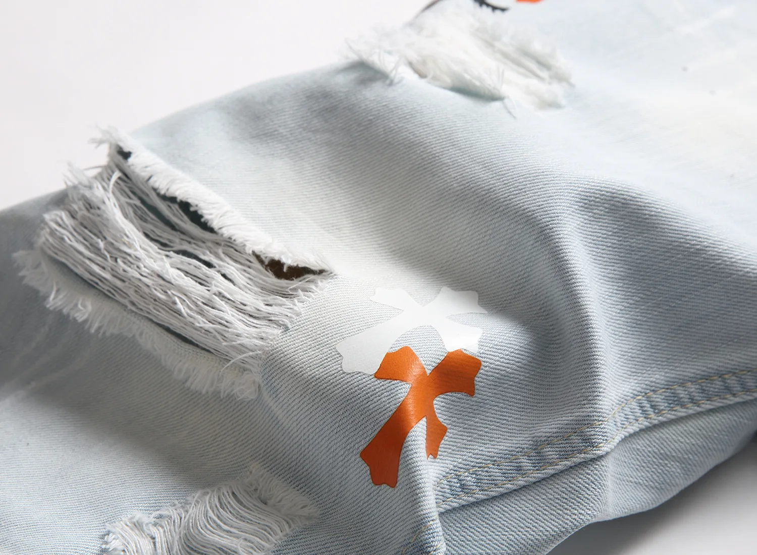 Summer Cross Embroidered Denim Shorts Men Light Blue Pants Holes Splash Ink Printed Straight Trendy Cotton High Street 2024 New