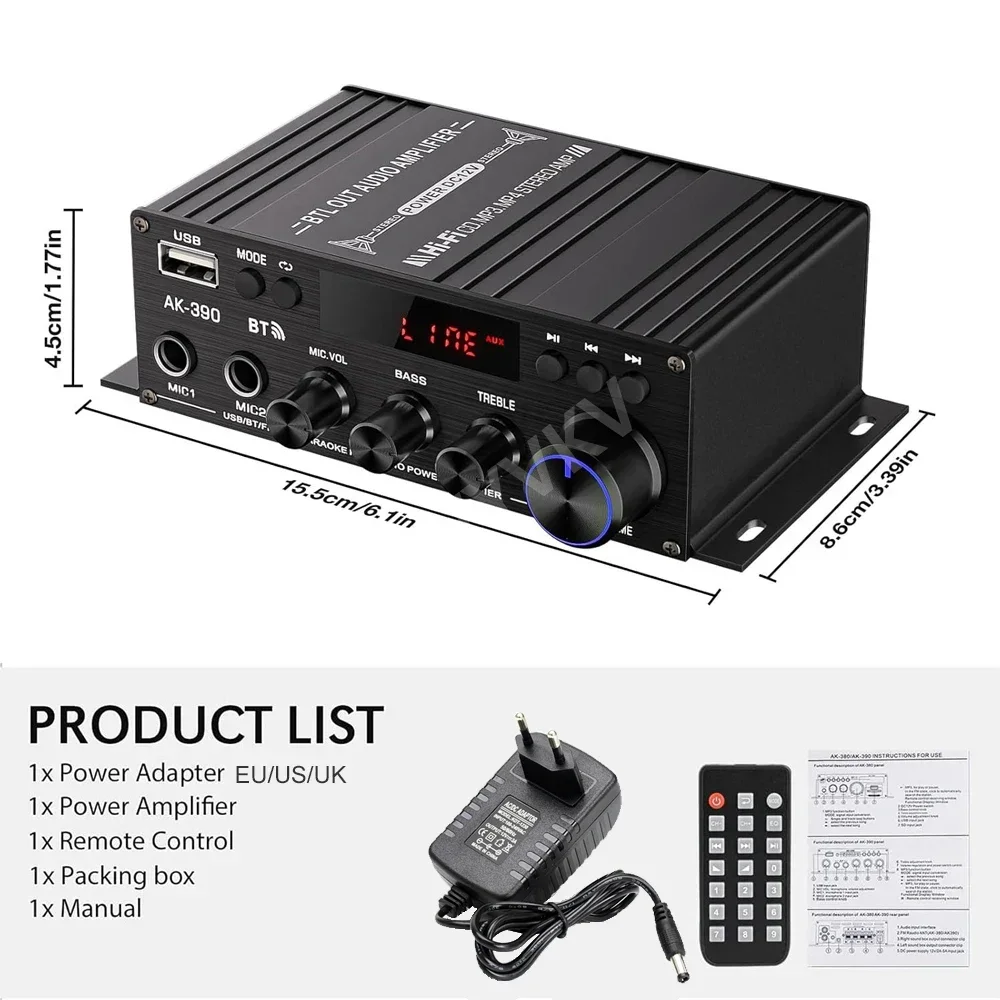 AK390-Bluetooth 5.0ハイファイパワーアンプ,ステレオデジタルアンプ