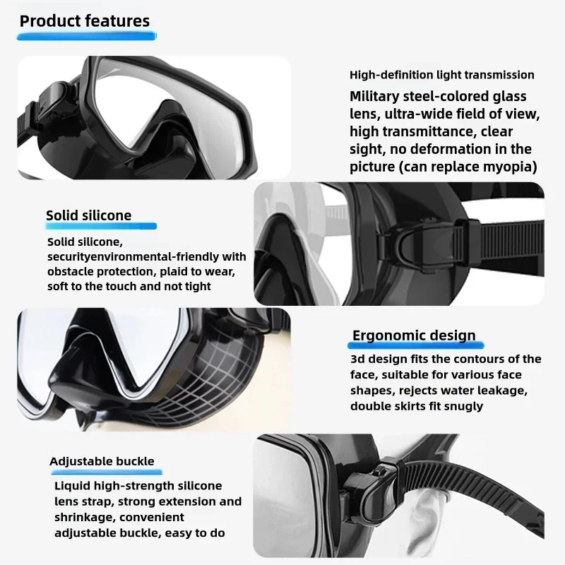 Dry Snorkel Set Diving Mask For Adults Tempered Glass Professional Panoramic Snorkeling Gear