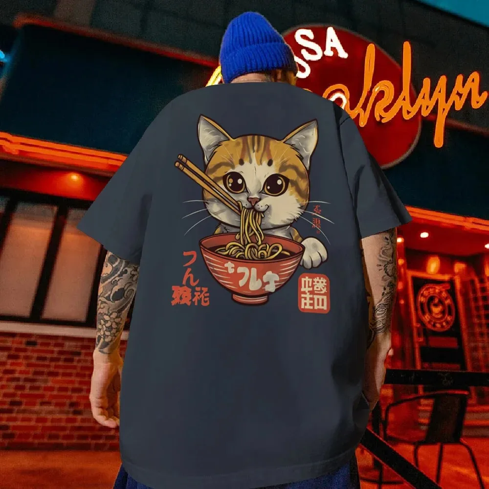 Men's T-Shirt Sushi Lucky Cat Printed Male Clothing Fashion Casual Short Sleeved Loose Oversized Shirt Street Harajuku Tops Tees