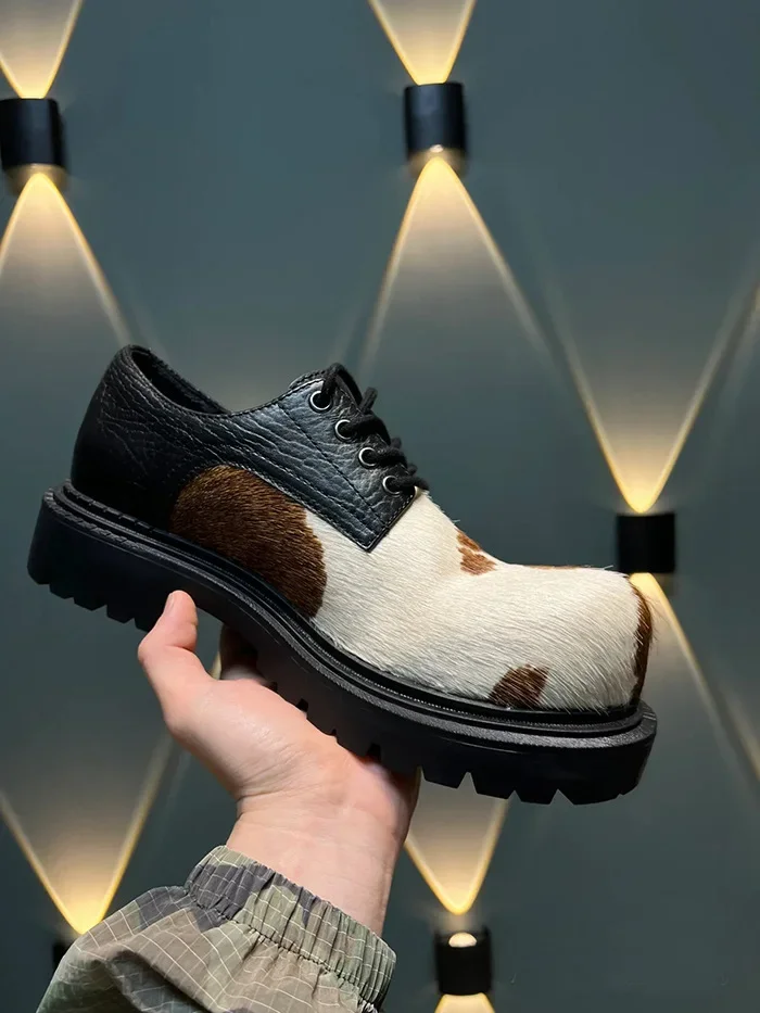 Horsehair Debi Same Men and Women Milk Mandarin Ducks Small Leather Lace-up Thick Heel Platform Soft Single Casual Shoes