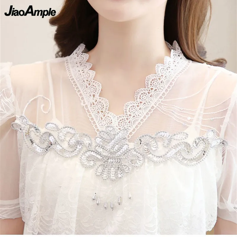 Women's Summer Fashion Lace Tops Wide Leg Shorts Two Pieces Korean Elegant V-Ncek Blouse Shirts High Waist Black Pants Suits