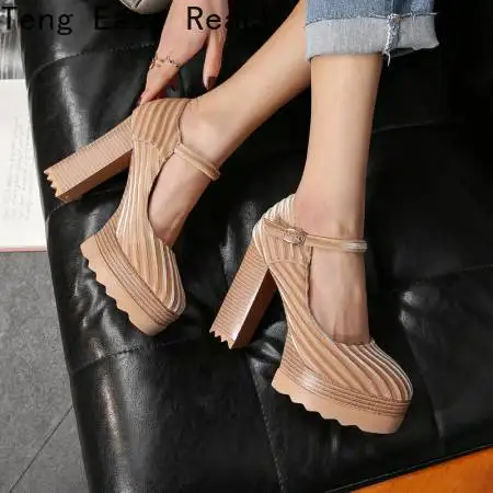 Spring and Autumn New Style Fashion Round Head High-heeled Women's Shoes Shallow Mouth Buckle Sexy Party Thick Heel Women Shoes