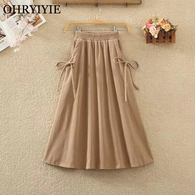 

OHRYIYIE Vintage Corduroy A-Line Skirt Women 2023 Autumn Winter Fashion Midi Long High Waist Lace-up Skirt Female Bow Skirt Lady
