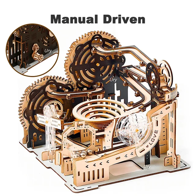 3D Wooden Puzzle Marble Run Set DIY Mechanical Track Electric Manual Model Building Block Kits Assembly Toy Gift for Teens Adult - Small-Manual Driven