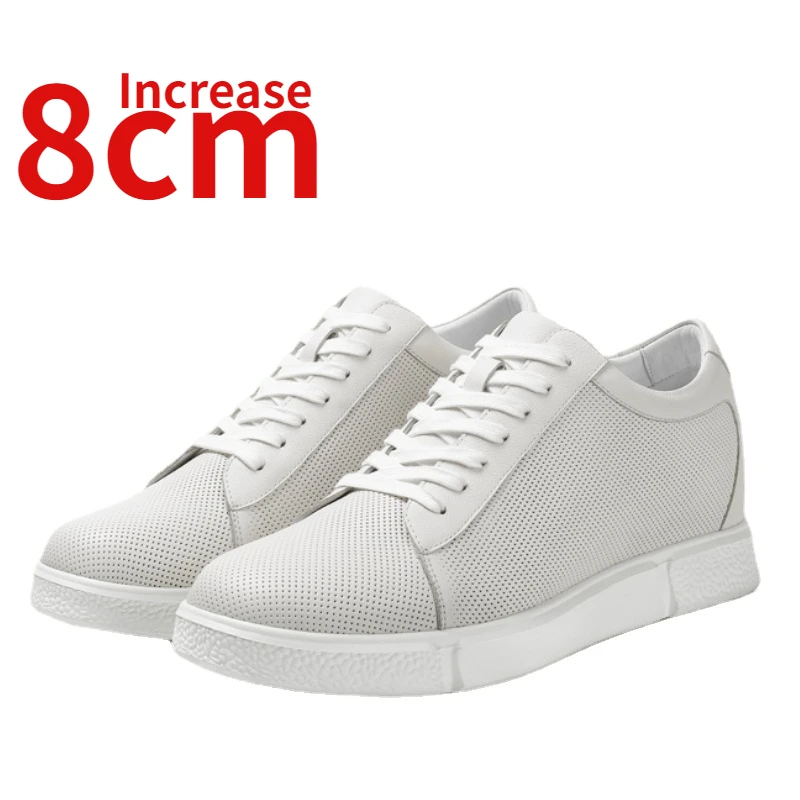 

Invisible Inner Height Increased Shoes Men 8cm Genuine Leather Perforated Breathable Small White Shoes Sports Casual Board Shoes