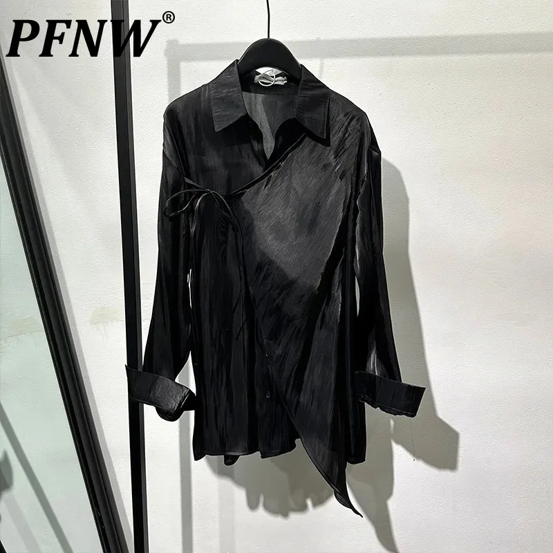 

PFNW Sprint Men's High Quality Temperament Shirts Light Luxury Thin Glossy Fake Two Pieces Long Sleeved Irregular Tops 21Z1167