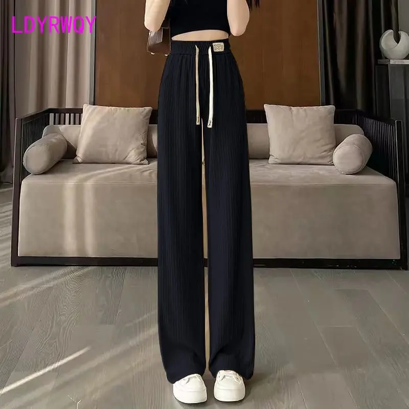 Ice Silk Narrow Edition Wide Leg Pants Women's Summer Thin High Waist Slim Drop Straight Tube Casual Floor Towers new fashion ladies braided casual 100% genuine leather narrow thin buckle strap waist belt skinny waistband weave belt for women