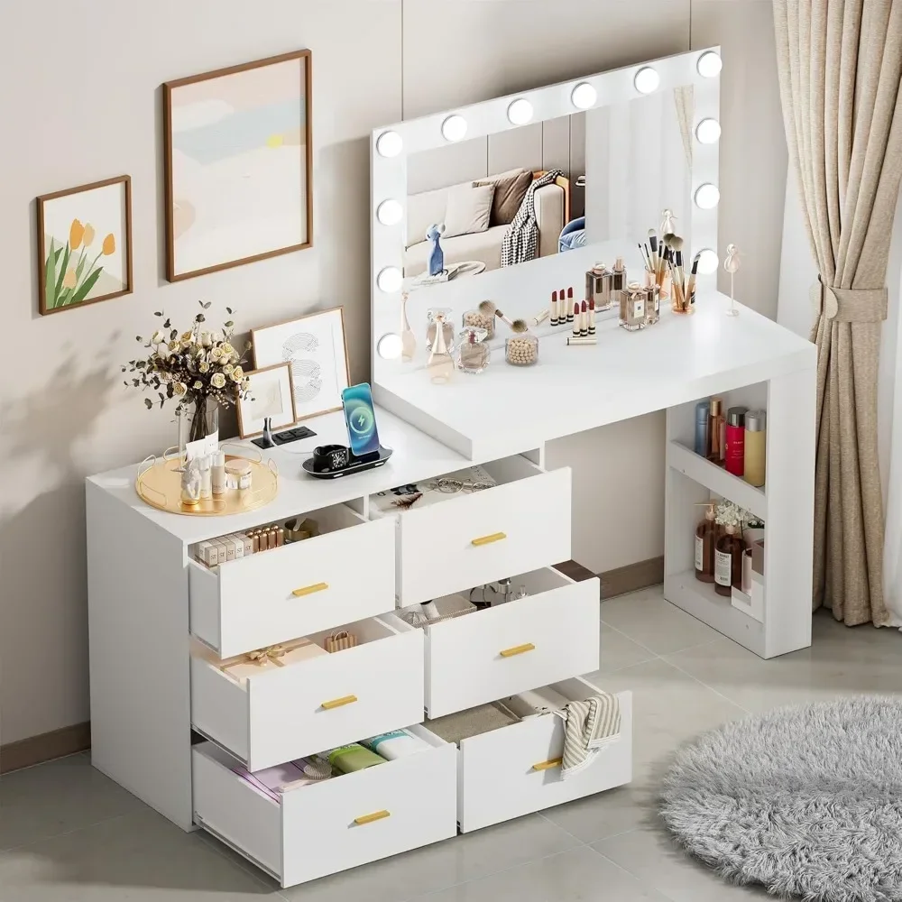 Makeup and Dressing Table with Mirror and 3-color Light, Charging Station, 6 Drawers, 2 Storage Racks, White Dressing Table 3