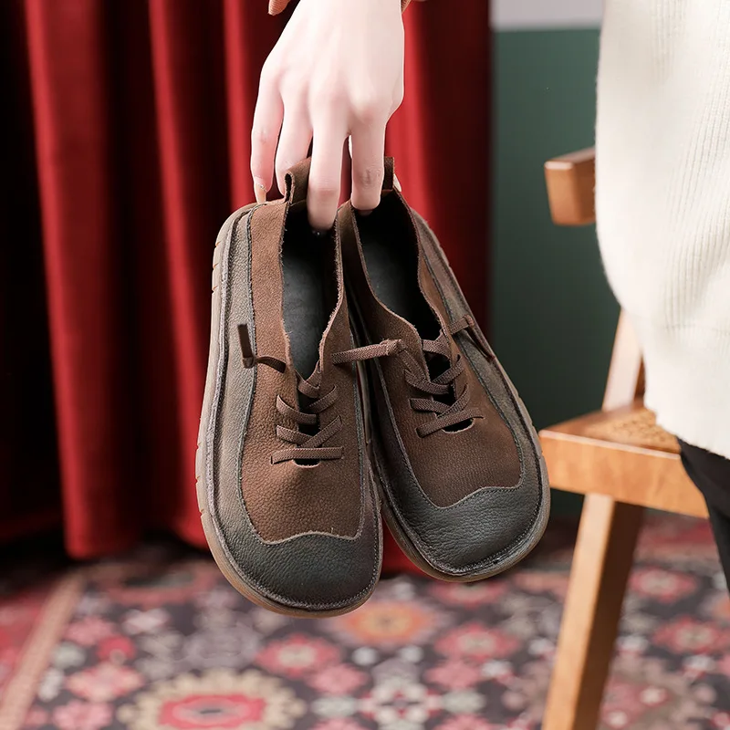 

Туфли женские из натуральной кожи, лоферы на плоской подошве, без застежки, повседневная мягкая обувь на низком каблуке, со шнуровкой