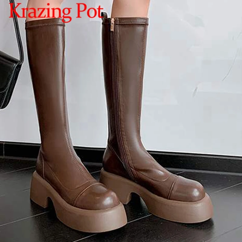 

Krazing Pot Cow Split Leather Stretch Boots Thick High Heel Platform Simple Style Internet Star Wedges Zipper Thigh High Boots