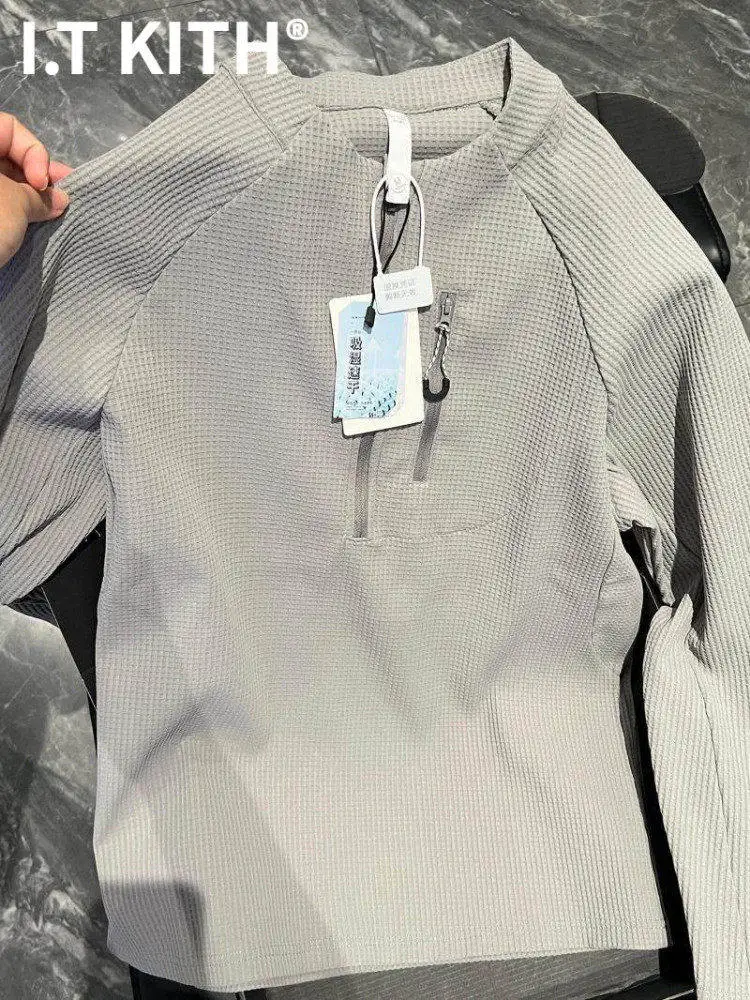 I.T KITH 디자이너 콜라보레이션 하프 지퍼 후디 아웃도어 쇼 그레이 클라우드 라이트 블랙 와플 패턴 남성 에스닉 의류