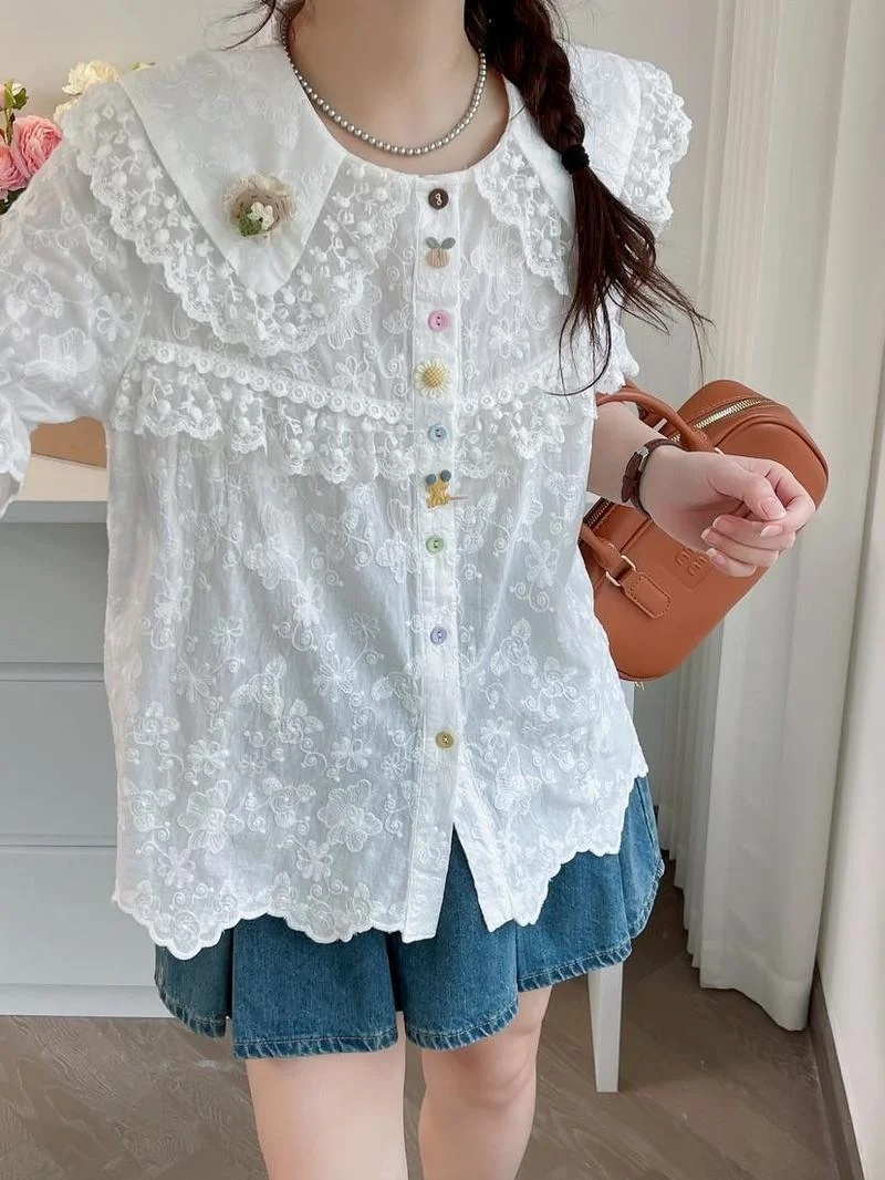 

Женская винтажная блузка с вышивкой, летняя Милая хлопковая Свободная рубашка в стиле пэчворк в японском стиле девушки Мори с коротким рукавом, топы в стиле "Лолита"