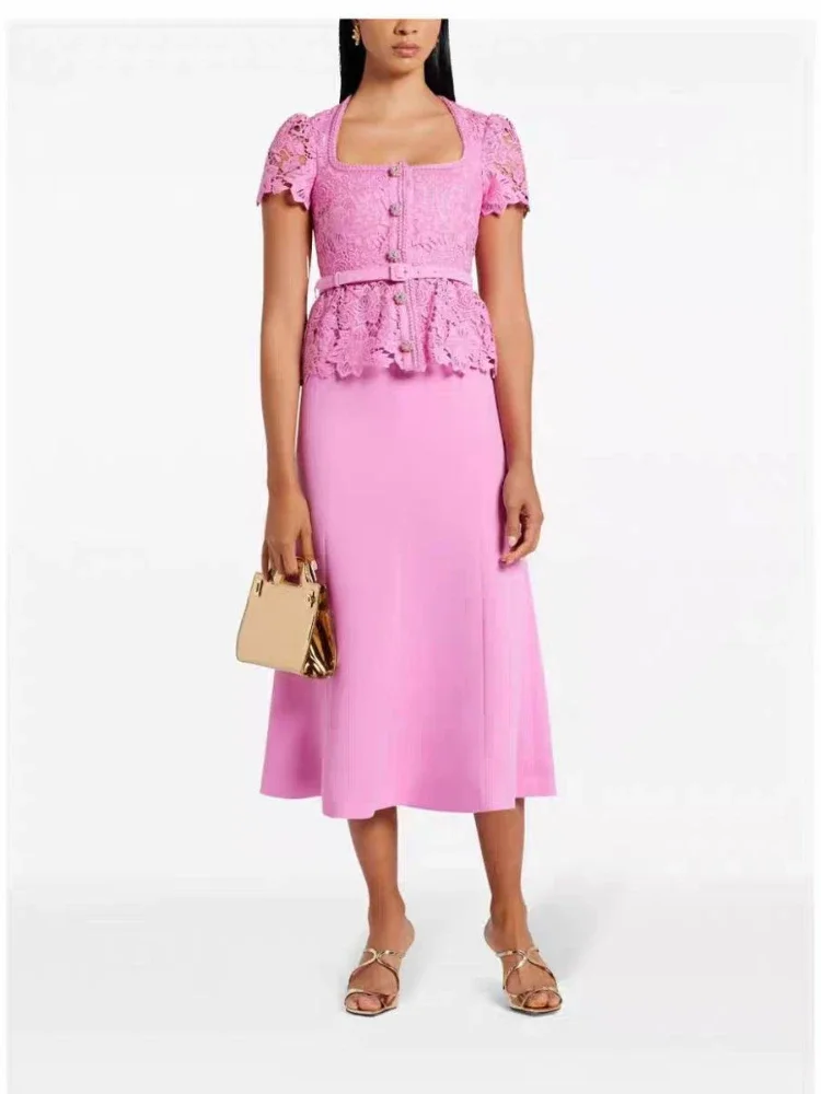 

Женское кружевное платье средней длины, розовое лоскутное платье с квадратным вырезом, коротким рукавом-лепестком и пуговицами спереди, весна-лето 2024