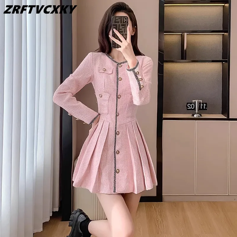

Sweet Pink O-Neck Tweed Mini Dresses For Women 2023 Autumn Korean Fashion Single-Breasted Female Pleated Party Dress Vestidos