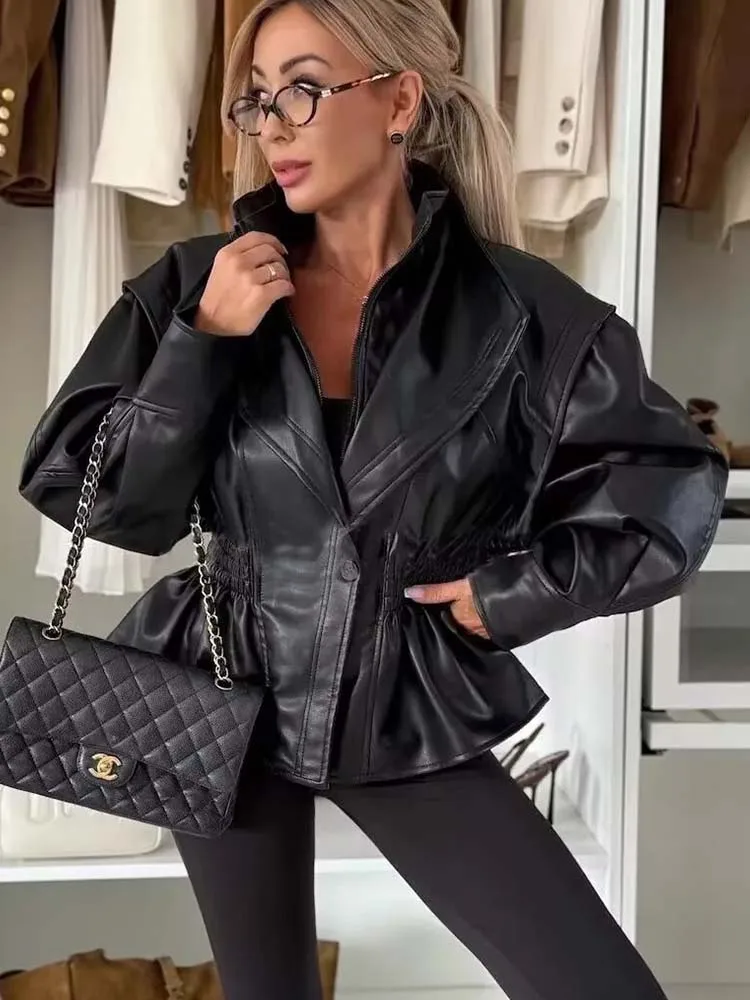 Women Vintage Leather Jacket 2025 Autumn New Fashion Long Sleeve Waist-Cinching Coat  Female High Street Long Sleeve New Jackets