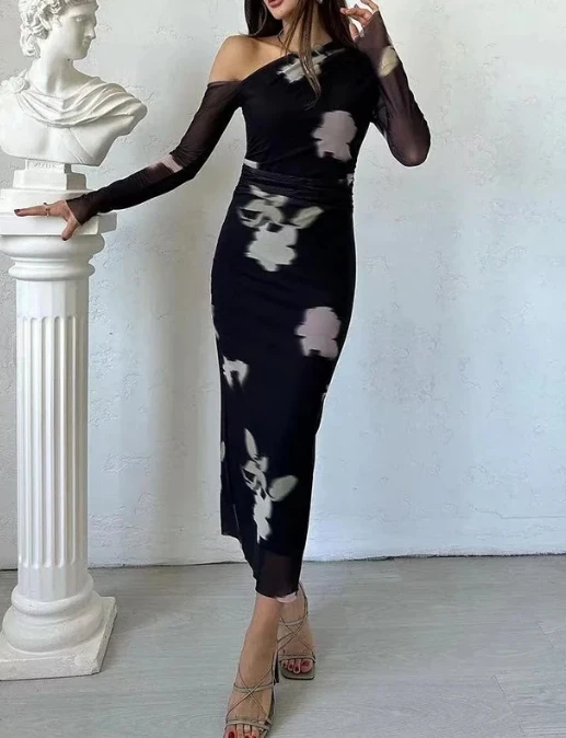 

Dresses for Women 2023 Autumn Clothes Fashion Long Sleeve Oblique Shoulder Design Printed Slim Sexy Party Bodycon Wrap Hip Dress