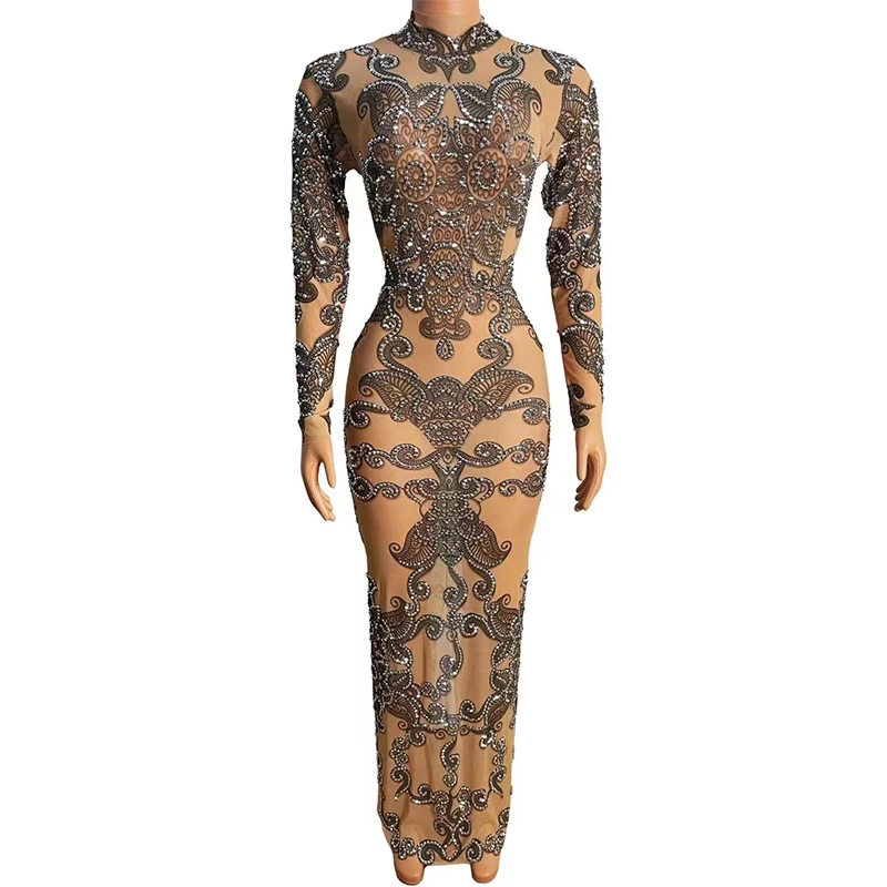 

Sexy Silver Rhinestones Pattern Printed Transparent Long Dress Women Dancer Stretch Dress Birthday Evening Prom Show Club Outfit