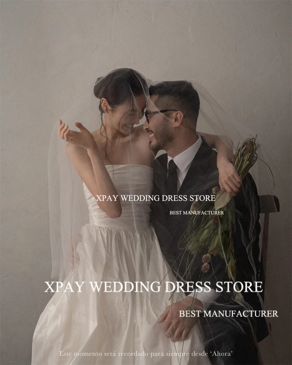 XPAY Strapless A Line Korea Wedding Dresses Customized Pleats Taffeta Bridal Dress Backless Wedding Photos Shoot Bride Gown 3