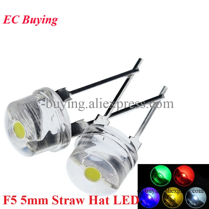 10pcs F5 5mm Straw Hat Led Diode Super Bright Lamp Clear Transparent 0.5w  Light Emitting Diode Red Yellow Green Blue White Diy Diodes AliExpress