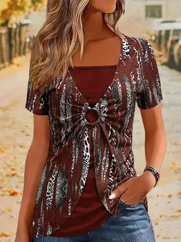 Boho Chic Leopard Print Faux Two-Piece T-Shirt - Plus Size Elegant Casual Short Sleeve Top for Women