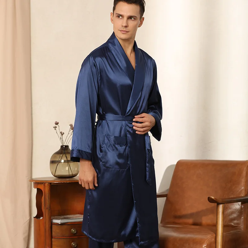 Men Pajamas Satin Kimono Robe Gown Pants Thin Nightgown Two-pieces Bathrobe&Trousers Suit Summer Long Sleeve Nightwear