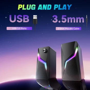 2.0 PC Speaker With RGB Light Subwoofer Stereo Wired USB Sound Box Portable For Gaming Gamer/Computer/TV/Laptop Loundspeaker 2