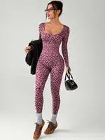 Spicy girl style leopard print tight jumpsuit for slimming, hip hugging, U-shaped collar, long sleeved elastic jumpsuit - Image 5
