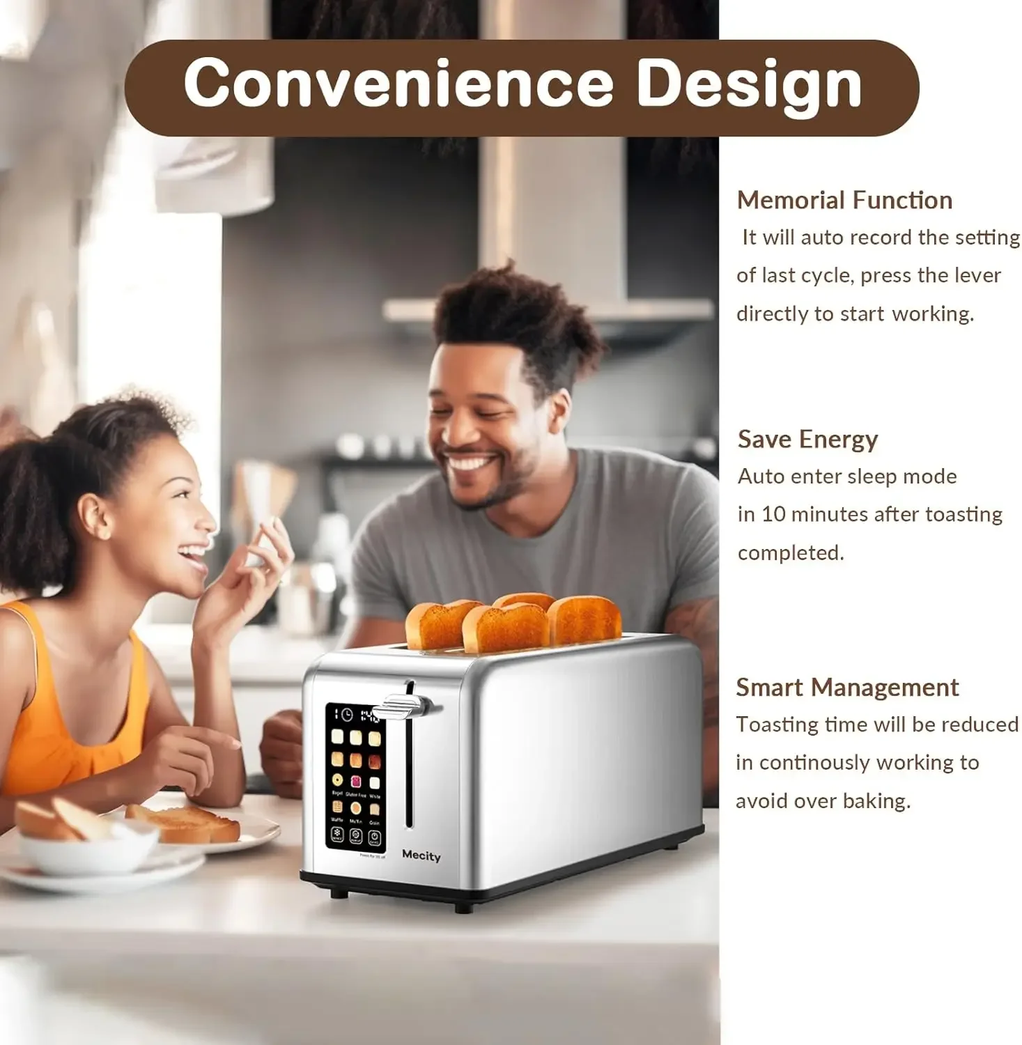 4 Slice Toaster Touch Screen 1.5" Long Slot Stainless Steel Smart Bread Toaster for Bagel Muffin Waffle Gluten Free Breads Timer 5