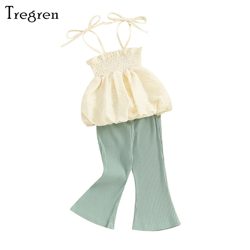 

Tregren 0-3Y Fashion Infant Baby Girls 2Pcs Summer Outfits Sleeveless Bubble Tops + Flare Pants Set Cute Toddler Newborn Clothes