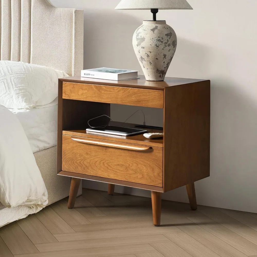 Nightstand with Charging Station 1 Drawer,Century Modern Nightstand with 1 Pull-Out Tray and Open Shelf,Nightstand Drawer