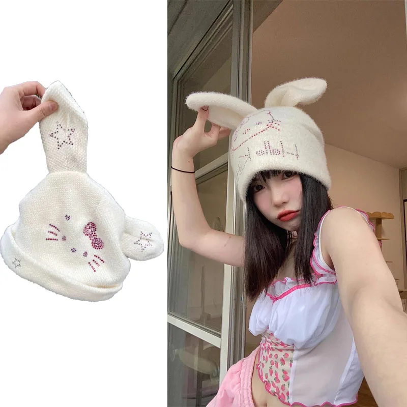 

Cartoon Cute Anime Hellokittys Pink Hot Diamond Rabbit Ears Plush Knitted Winter Warm Girl Sweet Kawaii Woolen Hat Outdoor
