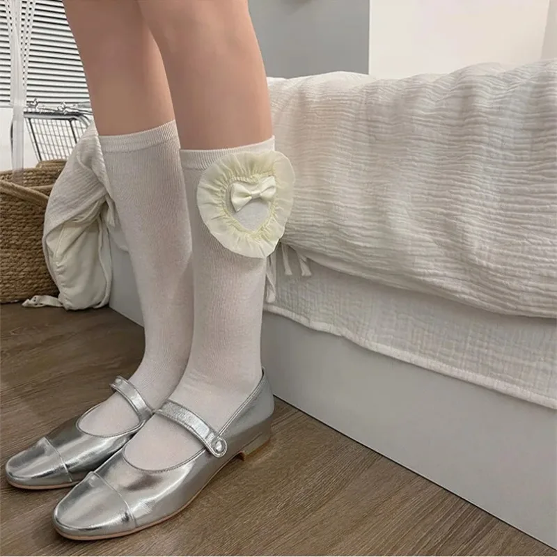 

Белые кружевные гольфы в форме сердца, чулки, женские кавайные длинные гольфы, чулки JK Lolita для девочек с бантом, нижние гольфы, чулки 2023