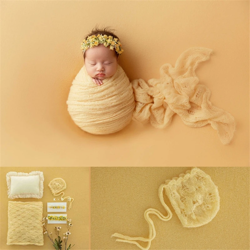 Newborn Baby Photography Props Spring Yellow Floral Wrap Blanket Headband Theme Fotografia Photoshoot Studio Shoot Photo Props