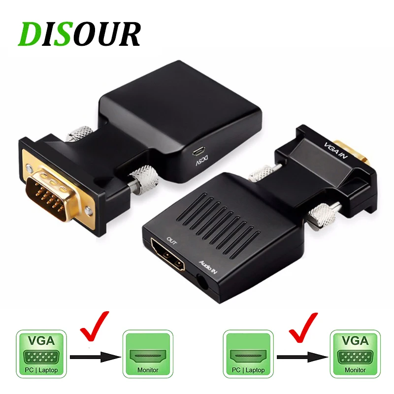 DISOUR VGA to HDMI-compatible Converter Adapter 1080P HDMI To VAG For PC to HDTV Projector Video Converter Plug and Play