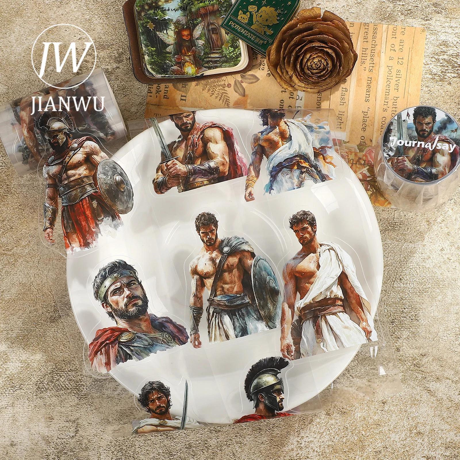 JIANWU 60mm*200cm 그리스 영웅 시리즈 빈티지 기사 캐릭터 풍경 소재 콜라주 PET 테이프 크리에이티브 저널 문구
