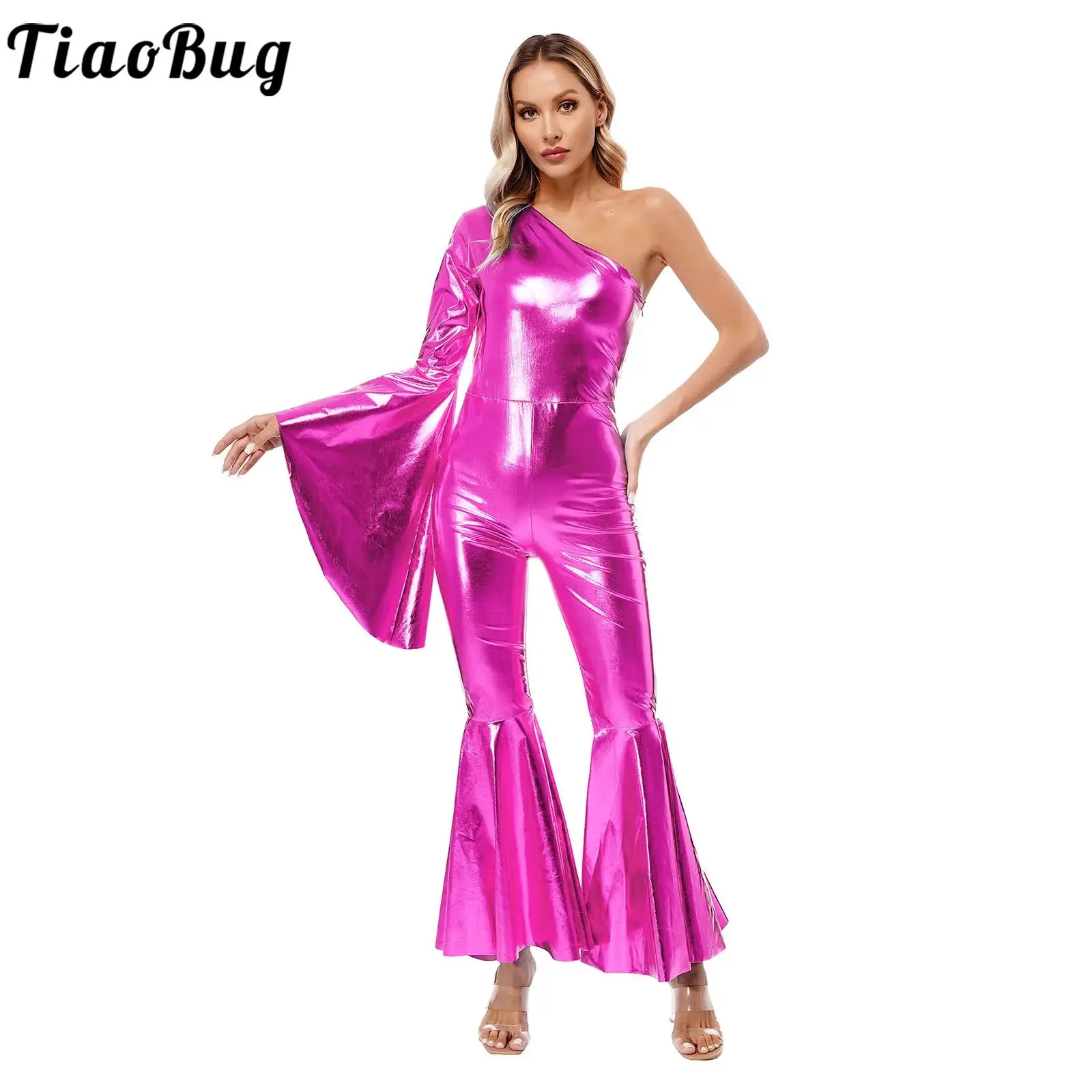 

Adult Womens Shiny Sequins 70s Hippie Costume Latin Jazz Dancing Gymnastics Jumpsuit Bell-bottom Long Pants Performance Costume