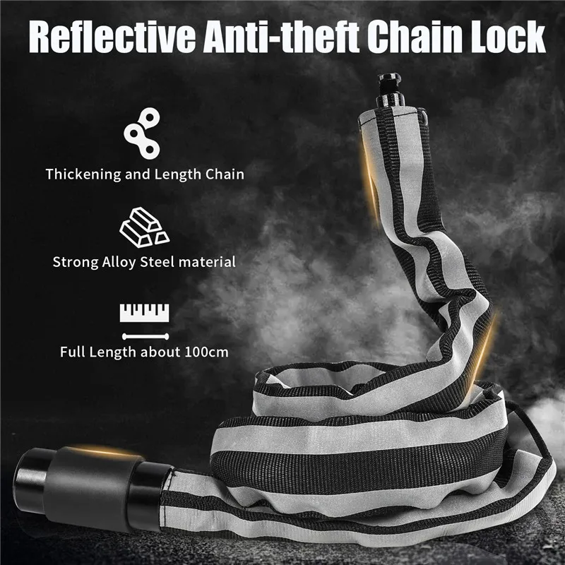 WEST BIKING Bicycle Chain Lock Reflective Anti-Theft Steel Lock Thick Strong Alloy Motor MTB Road Bike Lock Security Chain Lock